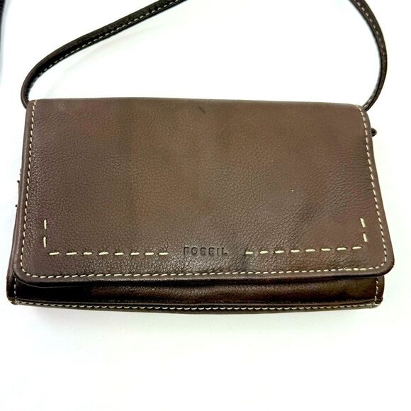 Fossil Brown Leather Exposed Stitch Trifold Crossbody Organizer Wallet Mini Bag - Picture 2 of 16